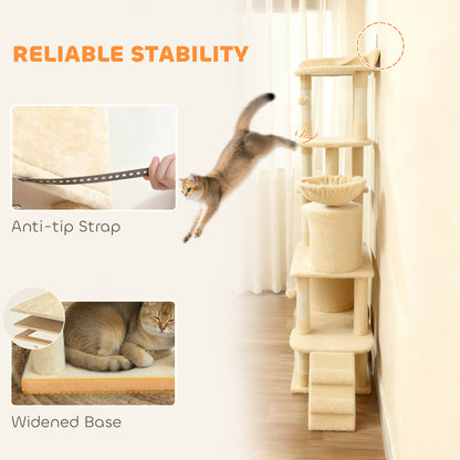 PawHut 170 cm Large Cat Tree, Cat Tower with 7 Scratching Posts, Tunnel, 2 Condos, Hammock, Perch, Ramp, Pompoms, Beige