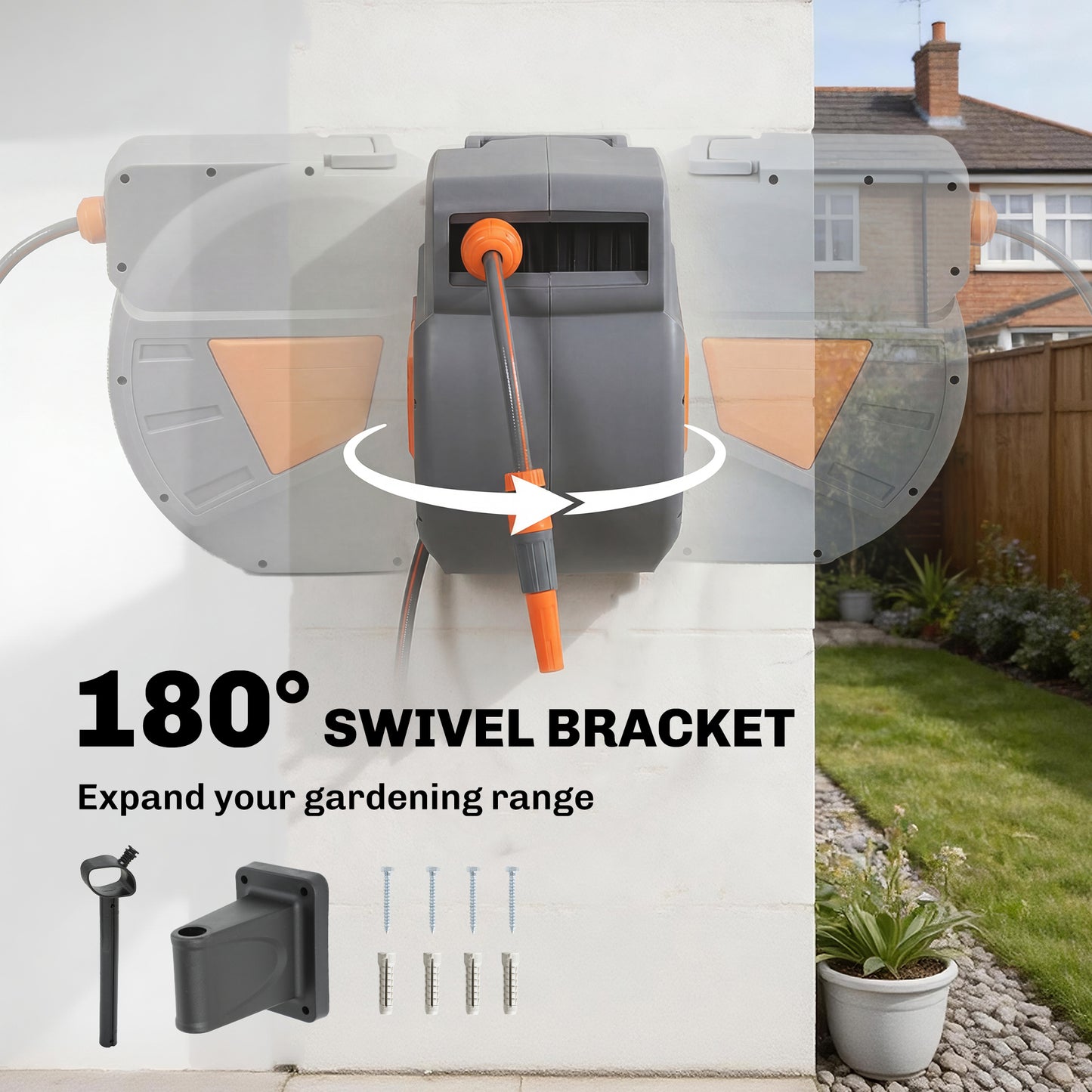 Outsunny Retractable Hose Reel Wall Mounted, 20+1.6m Garden Hose Pipe Reel with Auto Retraction, Self-Locking, Orange