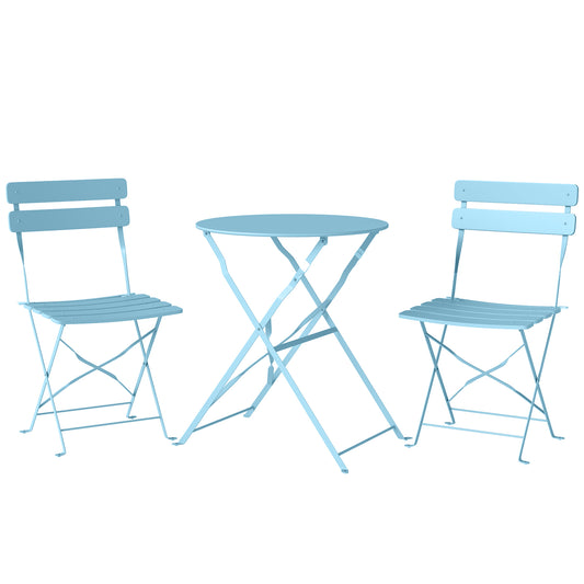 Outsunny Folding Garden Bistro Set, Outdoor Round Bistro Table and Chairs Set 2 with Electrophoresis Metal Frame, Light Blue