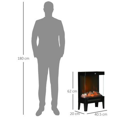 HOMCOM 180° Charming Electric Fireplace Heater, Quiet Freestanding Stove with LED Flame Effect, 3-Sided Tempered Glass Panels, Level-less Temperature Control, Overheat Protection, 1000W/2000W, Black-Indoor Fireplaces-ChewyGames-ChewyGames