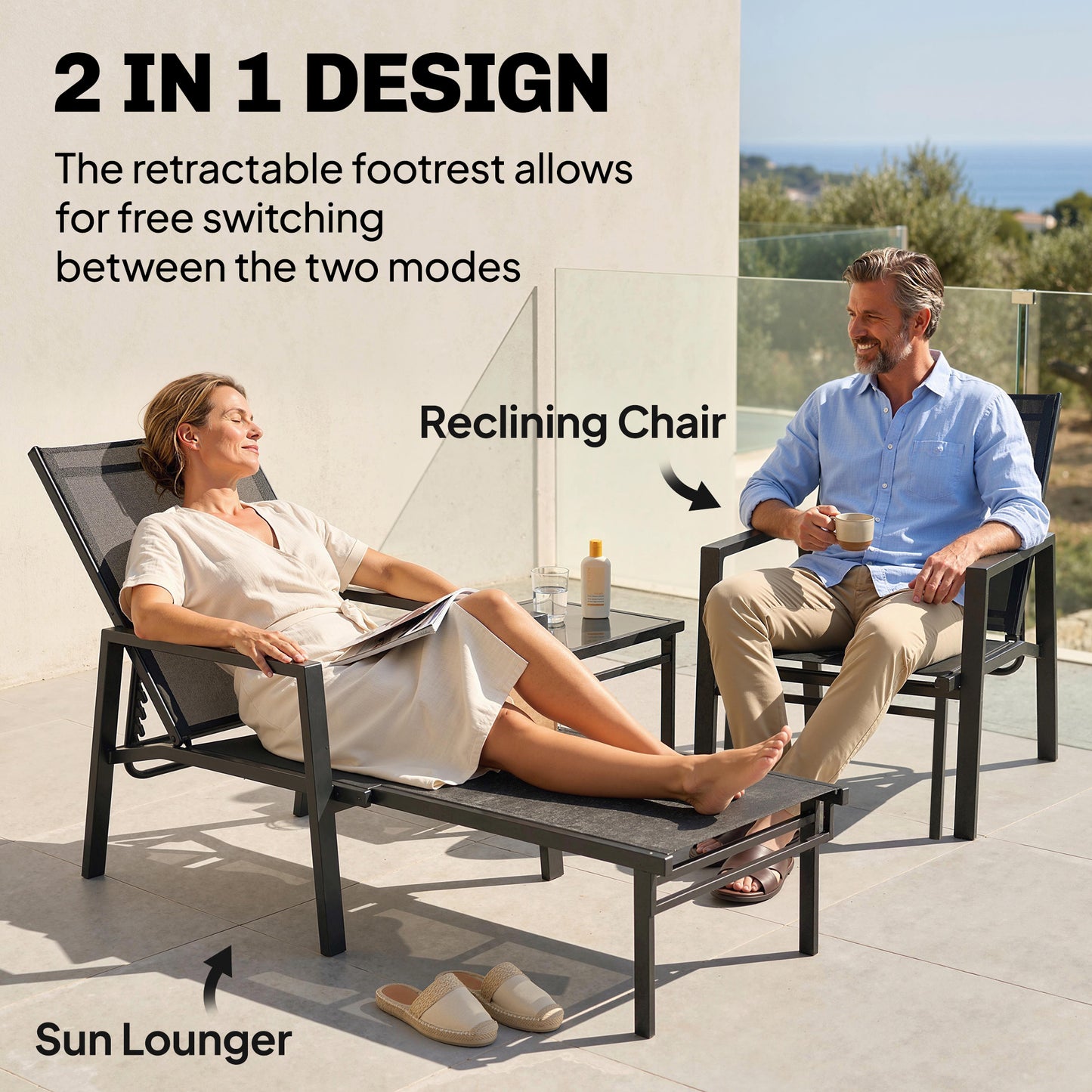 Outsunny Sun Lounger Retractable Footrest 5-Position Adjustable Steel Frame for Beach, Porch, Patio, Camping, Black--ChewyGames-ChewyGames