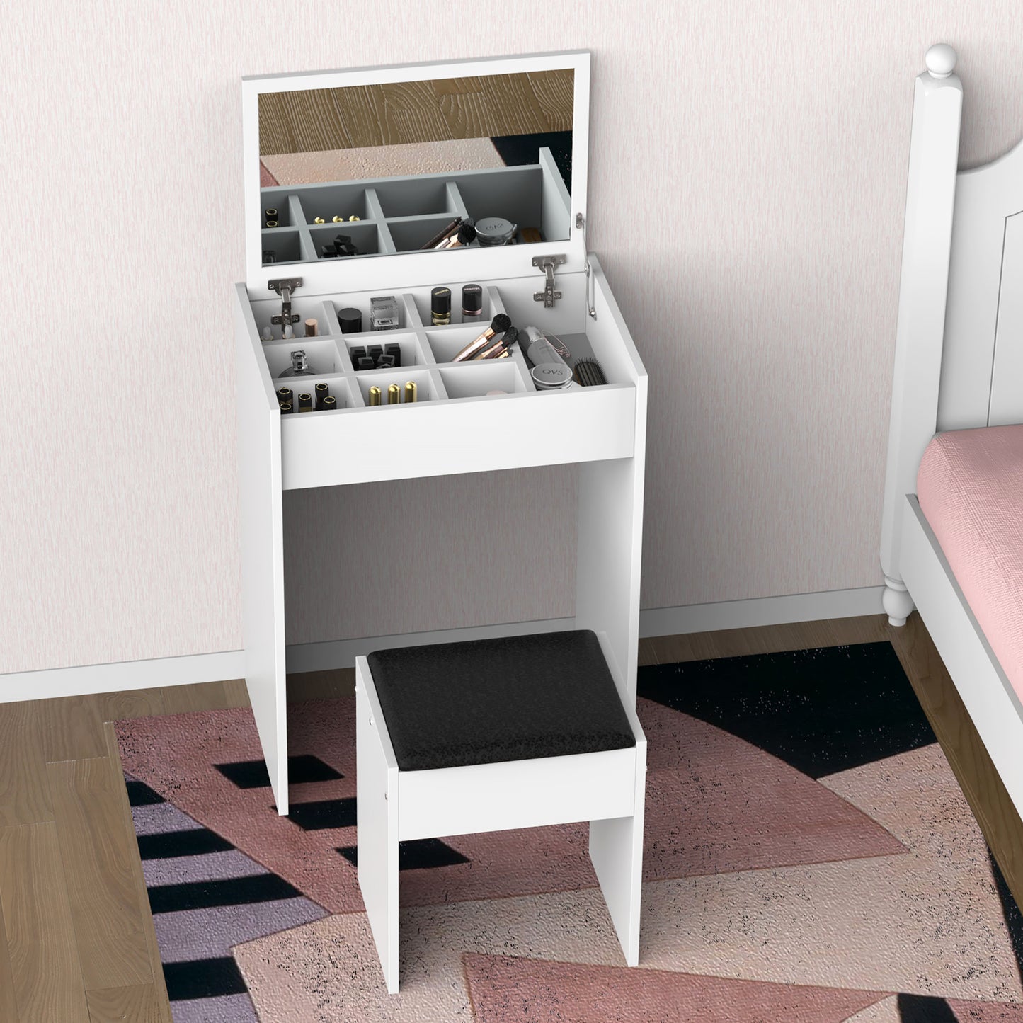 HOMCOM Dressing Table with Mirror and Stool, Vanity Makeup Table with Flip Up Mirror, Vanity Desk with Storage Unit and Padded Seat, White