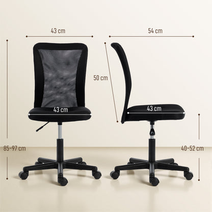 Vinsetto Computer Desk Chair, Armless Mesh Office Chair with Adjustable Height and Rolling Wheels, Black