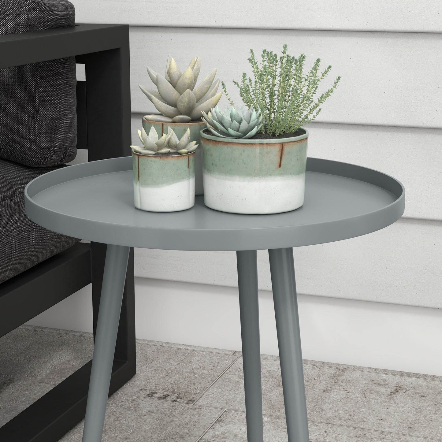 Outsunny Round Garden Coffee Table, Outdoor Side Table with Rounded Steel Edge, Ø40 x 50H cm, Grey