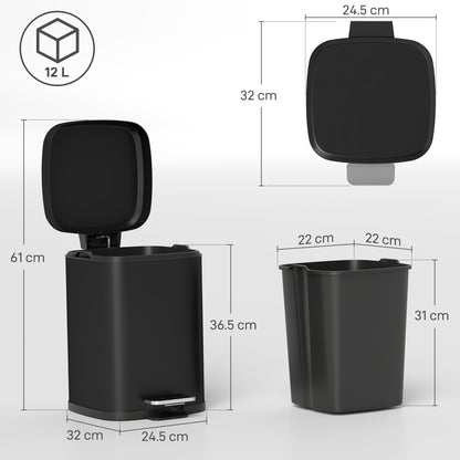 HOMCOM 12L Modern Boxy Metal Home Kitchen Bin - Black