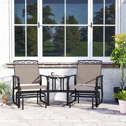 Outsunny Double Outdoor Glider Chair, 2 Seater Patio Rocking Chairs, Swing Bench with Tempered Glass Table, Breathable Mesh Fabric for Backyard, Garden, Porch, Brown