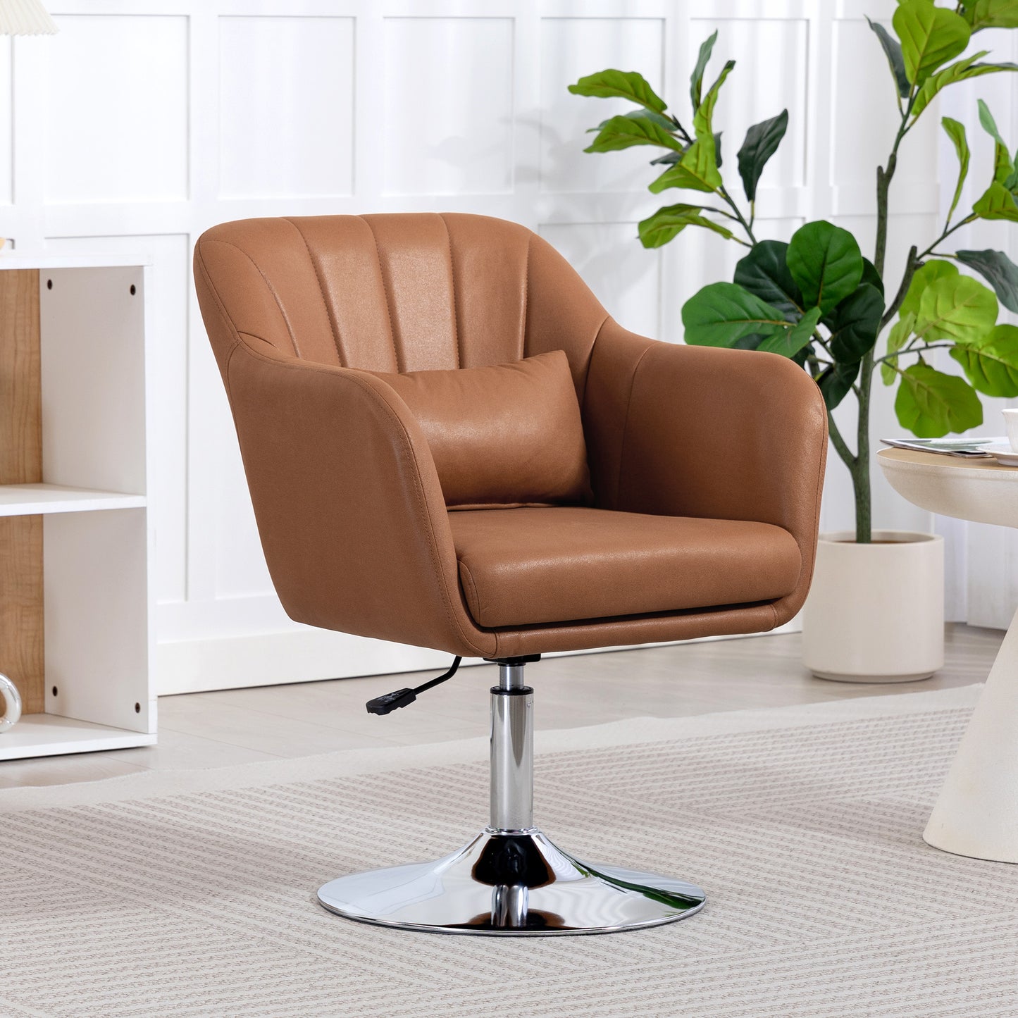HOMCOM Swivel Accent Chair, Linen Fabric Tub Vanity Chair, Modern Armchair with Adjustable Height and Lumbar Support for Living Room Bedroom Salon Make up Room Dressing Table, Brown