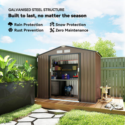 Outsunny 7 x 4ft Metal Garden Shed, Outdoor Storage Tool House with Ventilation Slots, Brown