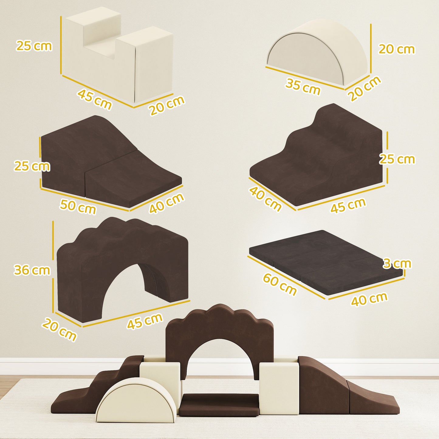 AIYAPLAY 7 Piece Kids Soft Play Set with Detachable Cover, Baby Indoor Climb and Crawl Foam Toys for Toddlers, Brown