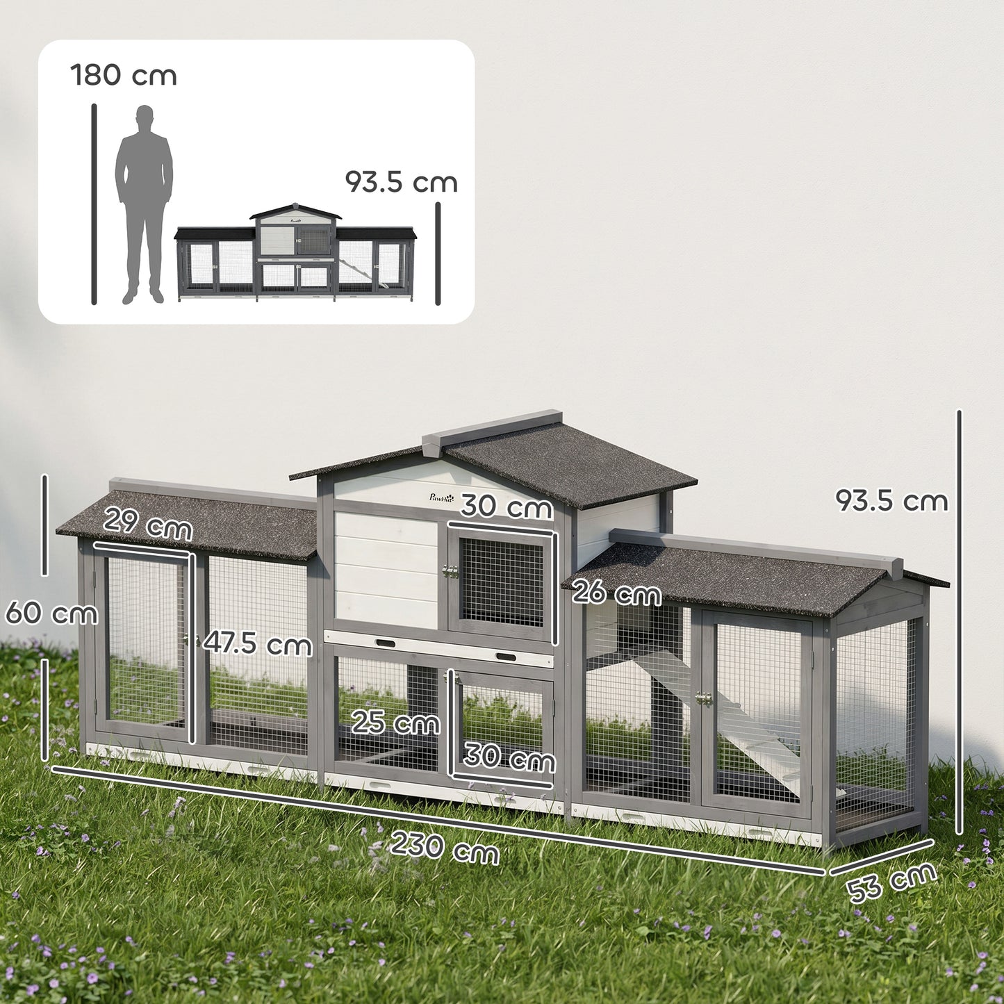 PawHut 2-Tier Large Rabbit Hutch Outdoor with Double Side Run Boxes, No-leak Plastic Tray, Ramp, 230 x 53 x 93.5cm, Light Grey