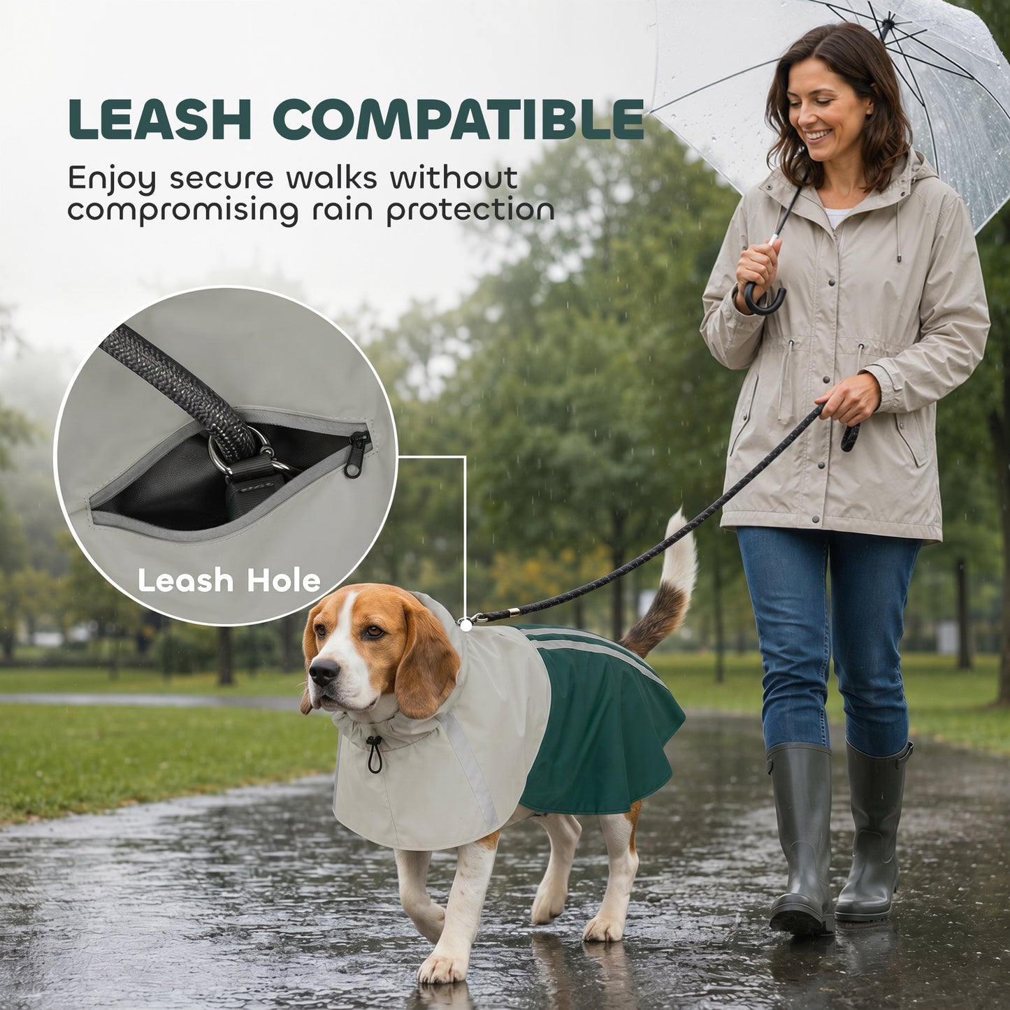 PawHut Dog Raincoat with Hood, Waterproof & Breathable Rain Jacket with Leash Hole, for Medium Dogs, Green, M