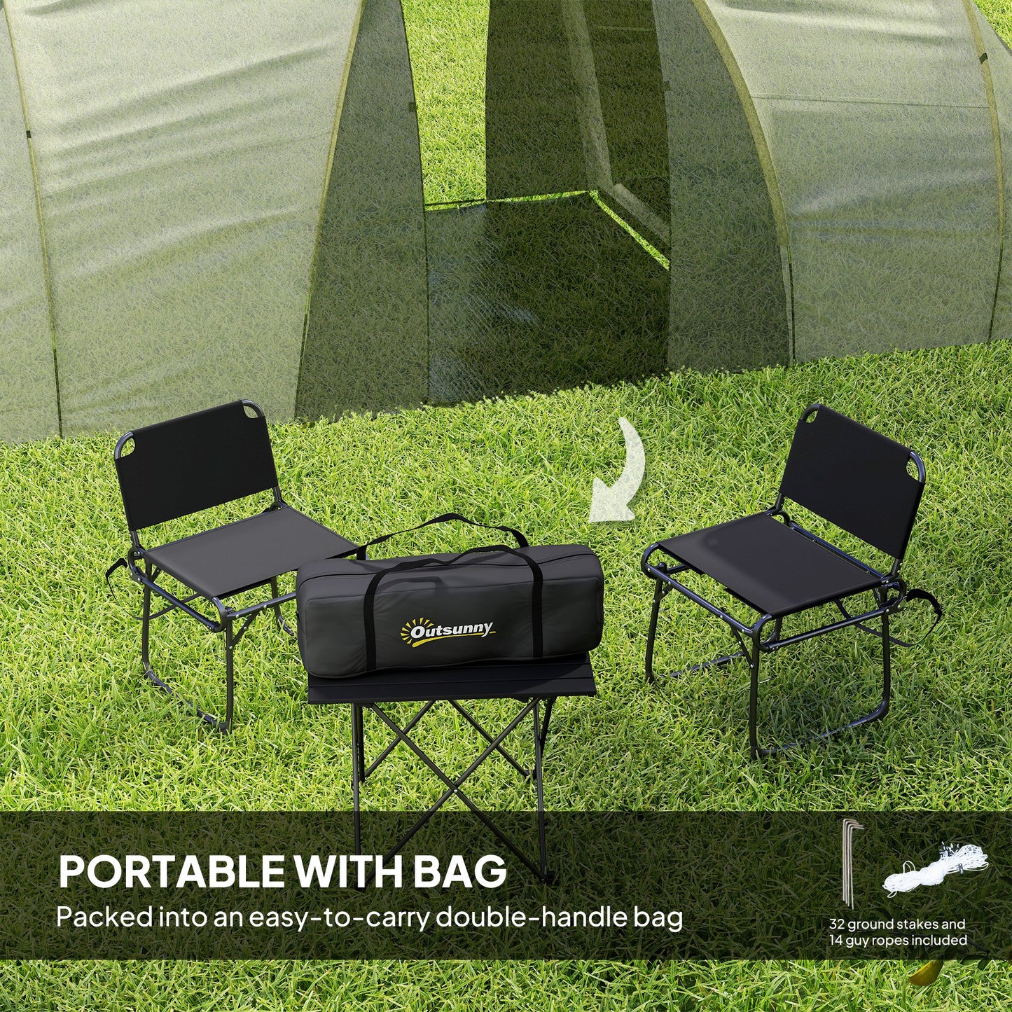 Outsunny Four-Man Tunnel Tent, with Two Bedrooms and Living Room - Grey/Yellow