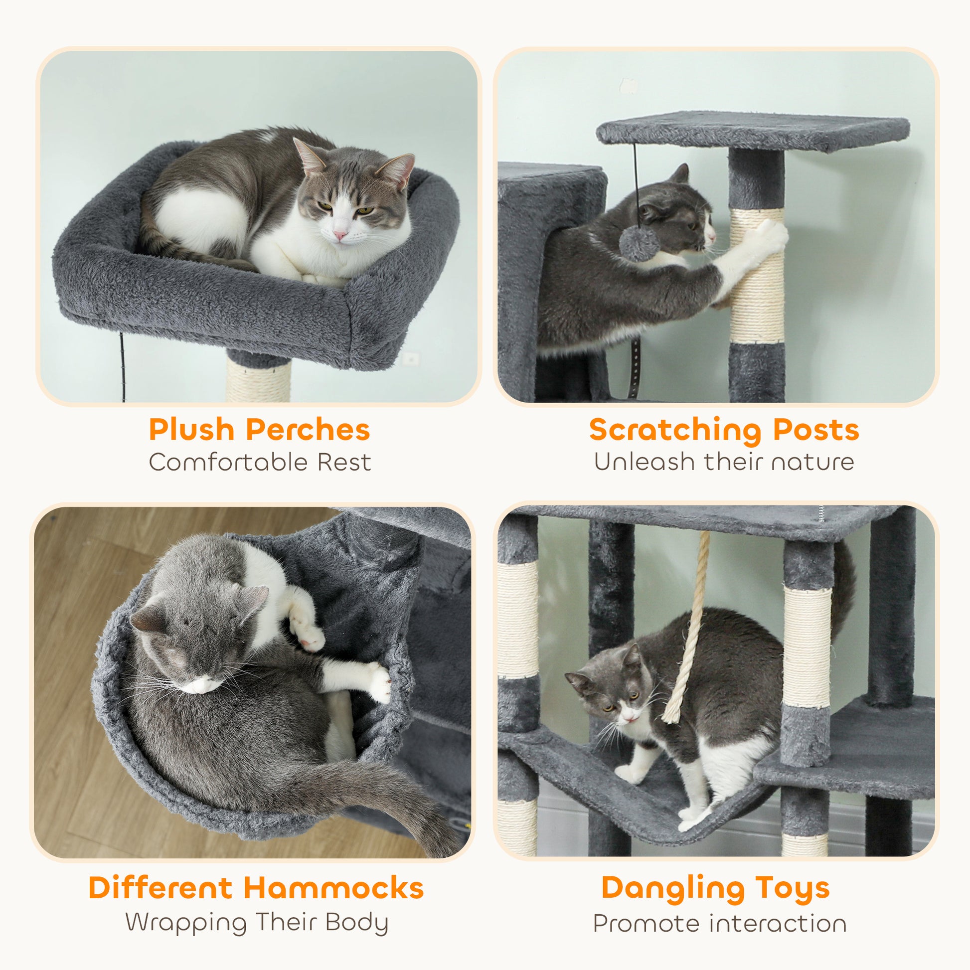 PawHut 202cm Large Cat Tree with 6 Scratching Posts, 2 Hammocks, 2 Condos, 2 Perches, Pompoms, for Indoor Cats to Rest and Play--ChewyGames-ChewyGames