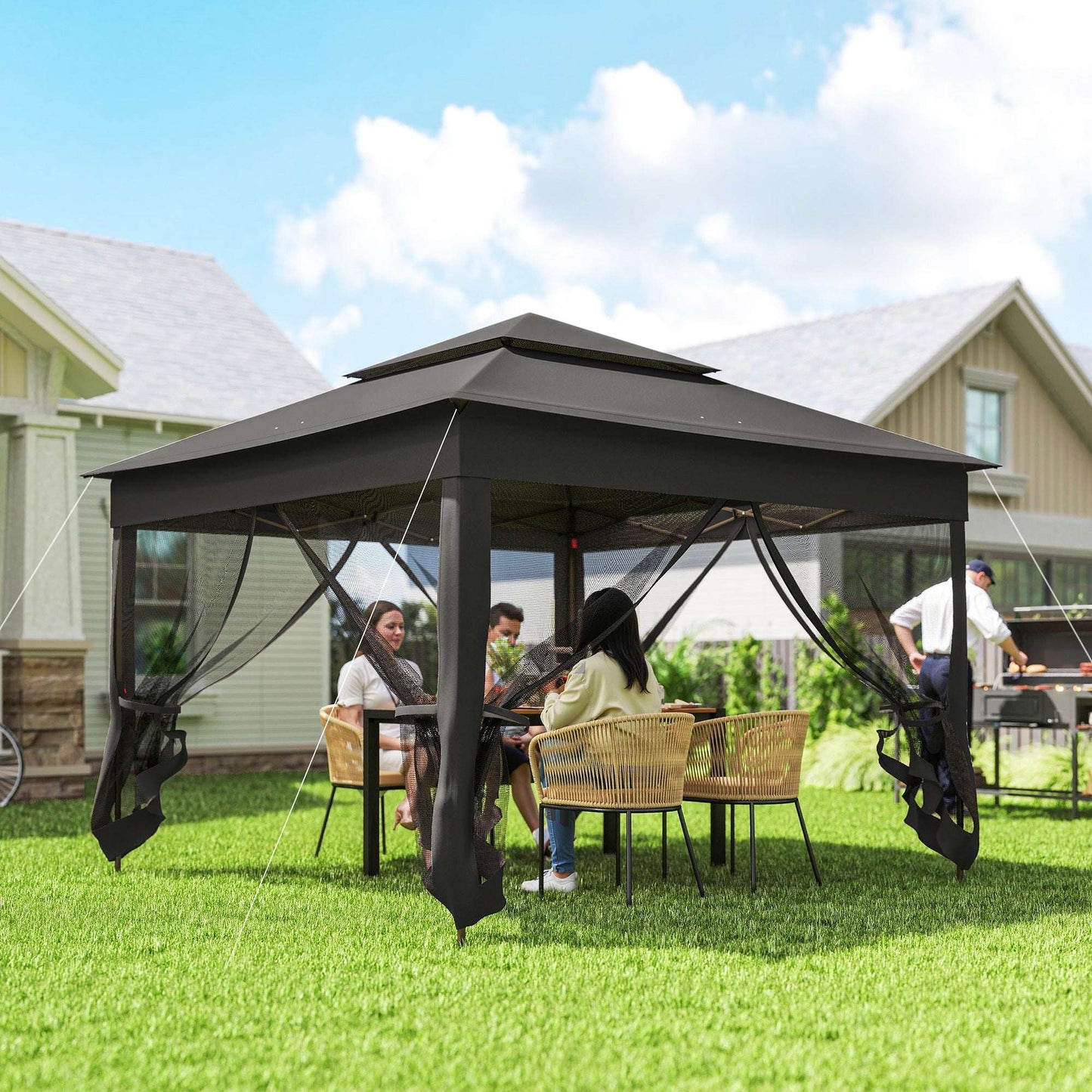 Outsunny 3 x 3(m) Pop Up Gazebo, Double-roof Garden Tent with Netting and Carry Bag, Party Event Shelter, Black