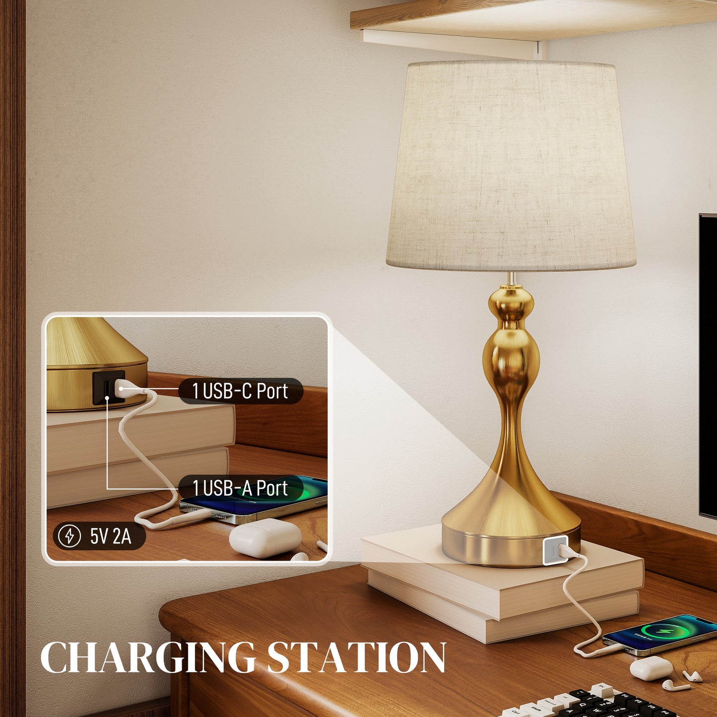 HOMCOM Dimmable Bedside Lamps Set of 2, Modern Table Lamps with 3 Colour Temperatures, USB A+C Charging Ports and Linen Shade for Living Room Bedroom Office, Gold Tone