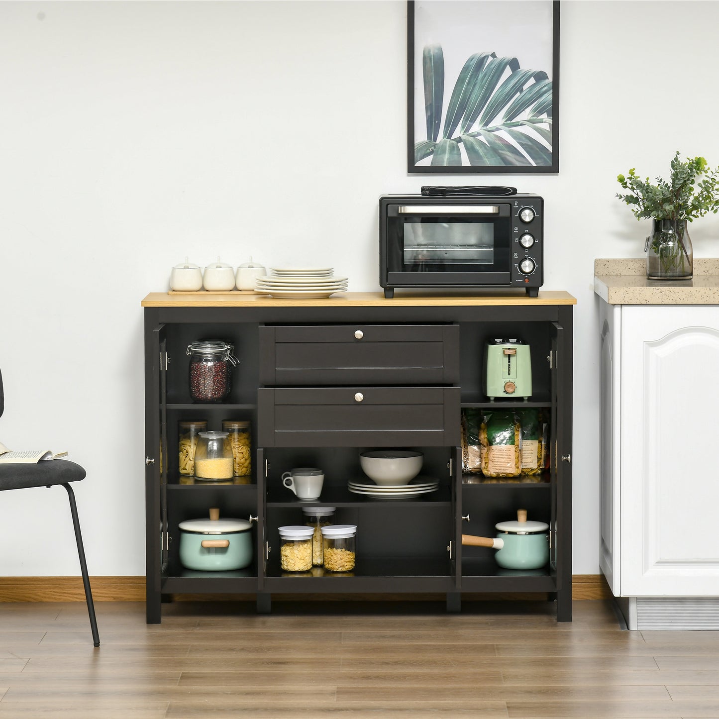 HOMCOM Modern Storage Cabinet, Sideboard with Oak Top, 4 Doors, 2 Drawers and 5 Adjustable Shelves, Black Brown