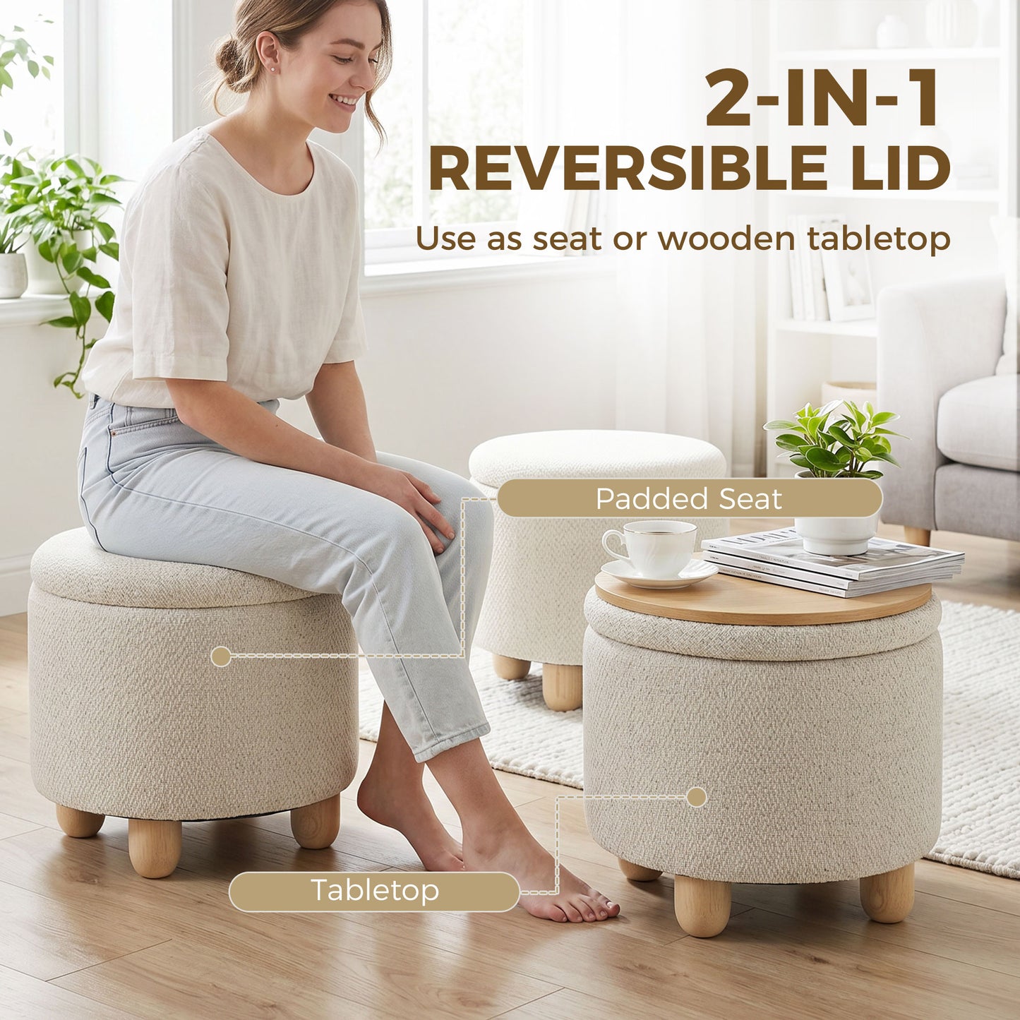 HOMCOM Storage Sitting Bench with Lid, Round Storage Ottoman with Rubberwood Legs, Beige