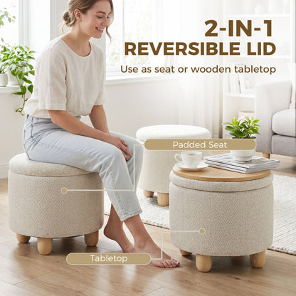 HOMCOM Storage Sitting Bench with Lid, Round Storage Ottoman with Rubberwood Legs, Beige