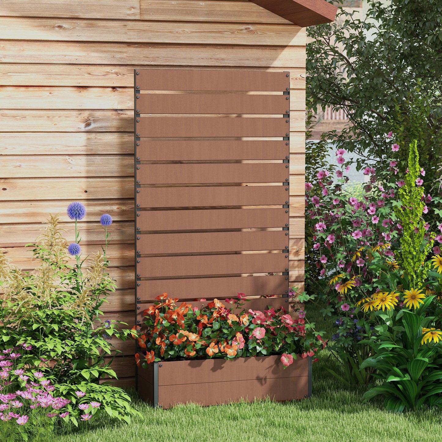 Outsunny Raised Bed for Garden, Planter with Trellis for Climbing Plants, Vines, Planter Box with Drainage Gap, Light Brown