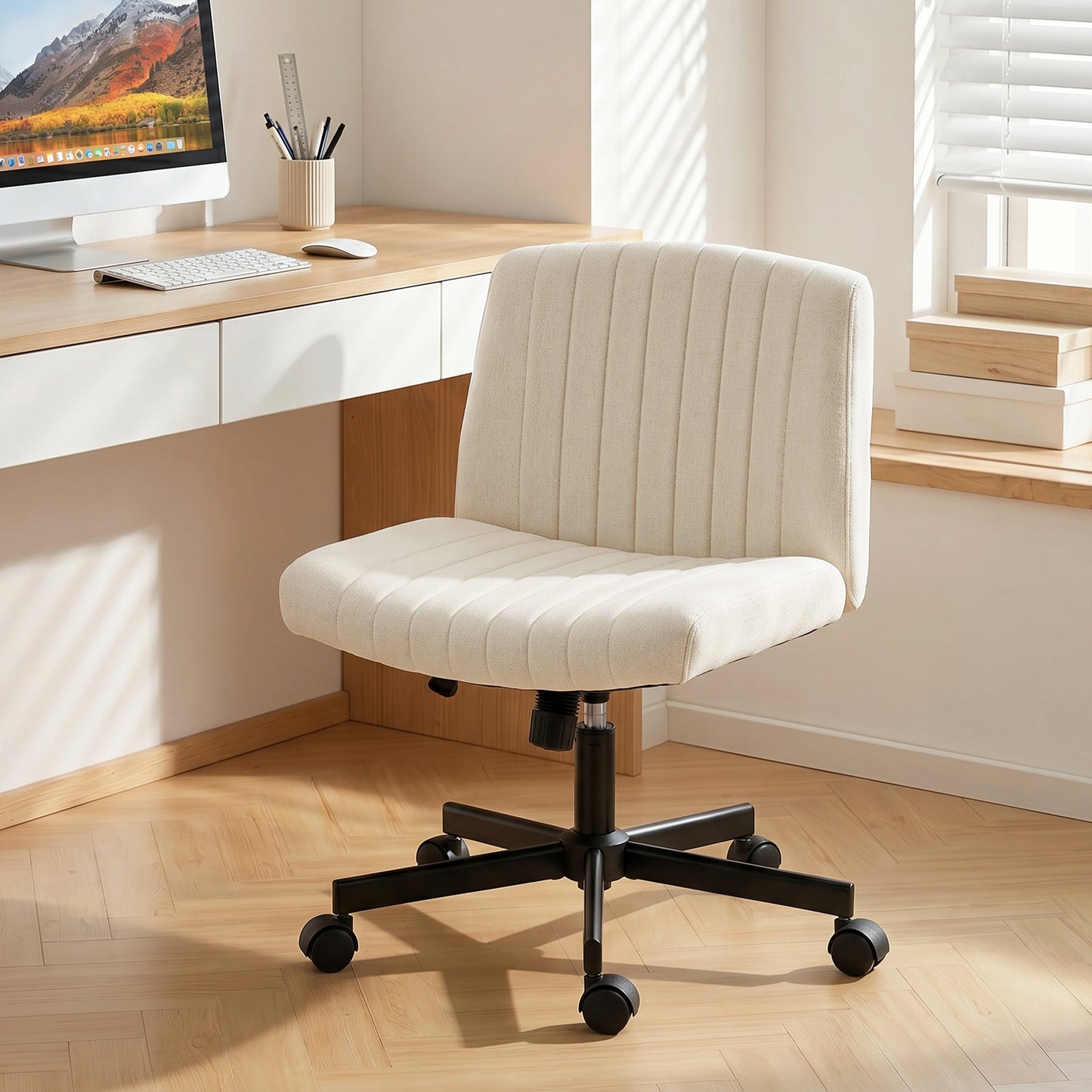 HOMCOM Imitation Linen Criss Cross Legged Desk Chair, Armless Office Chair with Wheels, Green