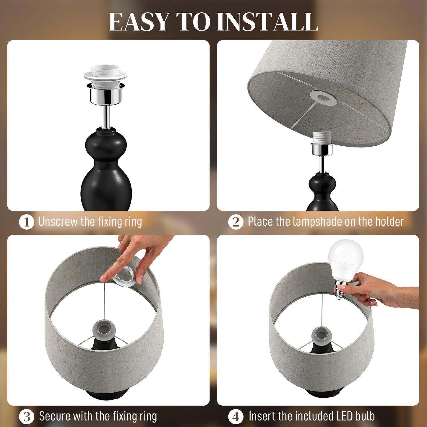 HOMCOM Set of Two Three-Colour Lamps, with USB Ports - Black/Beige