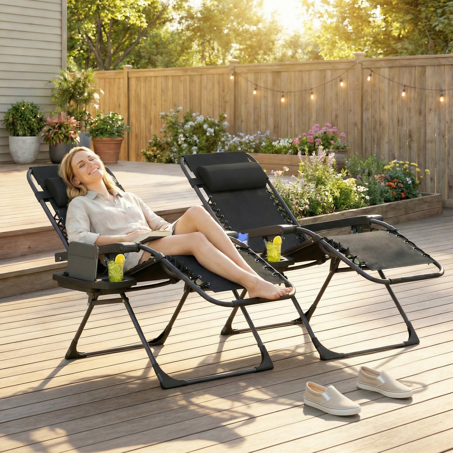 Outsunny Zero Gravity Chairs Set of 2, Folding Sunloungers Reclining Garden Chairs with Cup Holder, Headrest, Black