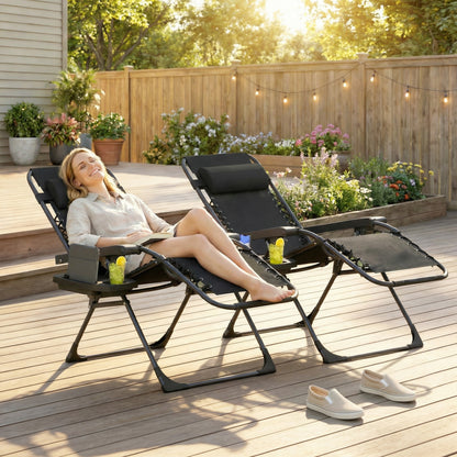 Outsunny Zero Gravity Chairs Set of 2, Folding Sunloungers Reclining Garden Chairs with Cup Holder, Headrest, Black