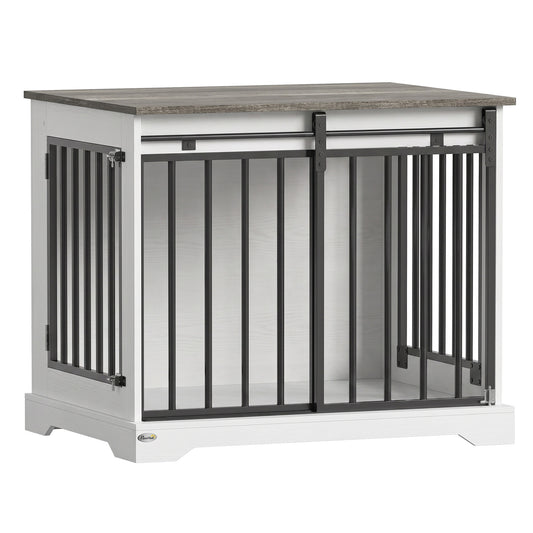 PawHut 80 cm Dog Crate Furniture with Sliding Barn Door for Medium Dogs, White