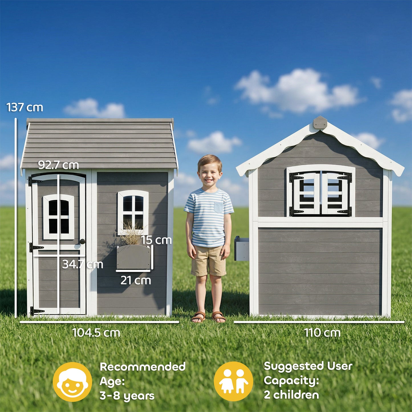 Outsunny Wooden Playhouse for Kids with Doors, Windows, Plant Box, Floors, for Ages 3-8 Years, for Gardens, Lawns, Patios - Grey