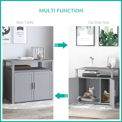 PawHut Wooden Cat Litter Box Enclosure Furniture with Adjustable Interior Wall & Large Tabletop for Nightstand, Grey