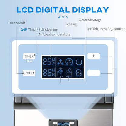 HOMCOM Commercial Ice Maker Machine, Freestanding Stainless Steel Ice Machine with Self-Cleaning, LCD Display, 45kg/24 Hours and 11kg Ice Storage for Home, Office, Bar, Restaurant, Supermarkets