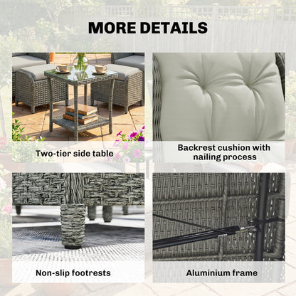 Outsunny Rattan Reclining Garden Chair Set of 2 with Footstool and Cushion for Balcony, Cream