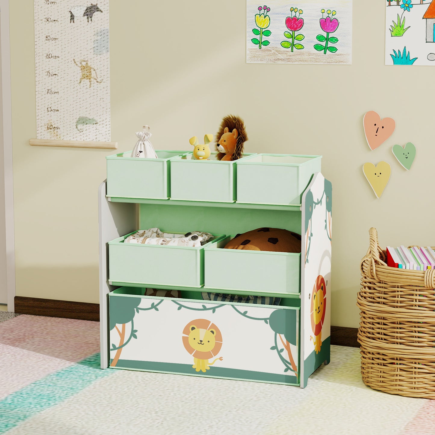 AIYAPLAY Kids Toy Storage Units, 3-Tier Toy Organiser Shelf with 6 Removable Boxes for Kids, Bedroom, Playroom, Green--ChewyGames-ChewyGames
