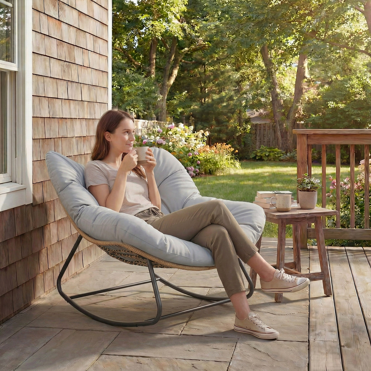 Outsunny Indoor Outdoor Rocking Chair, Oversized Rocking Egg Chair with Cushion for Living Room, Garden, Patio, Light Grey-Rocking Chairs-ChewyGames-ChewyGames