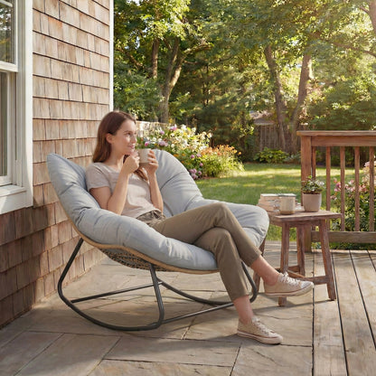 Outsunny Indoor Outdoor Rocking Chair, Oversized Rocking Egg Chair with Cushion for Living Room, Garden, Patio, Light Grey-Rocking Chairs-ChewyGames-ChewyGames