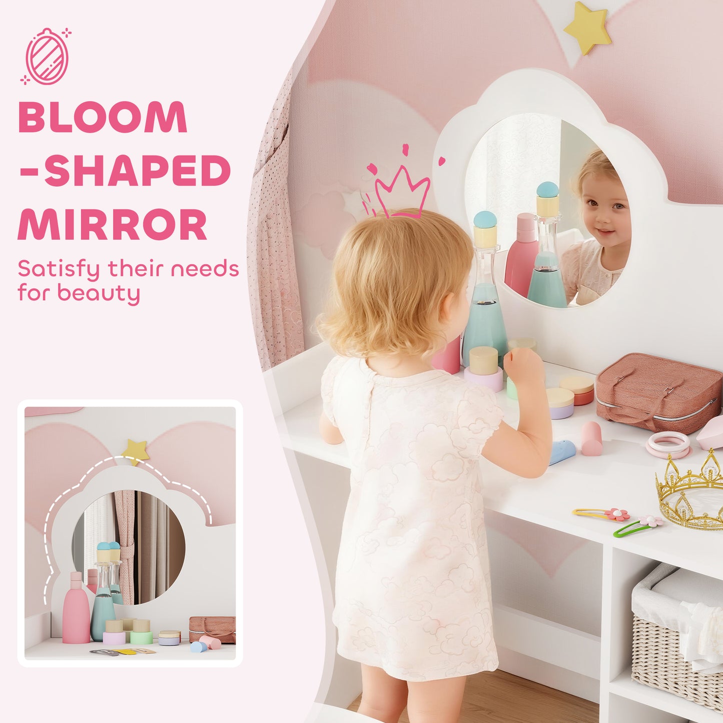 AIYAPLAY Kids Dressing Table with Mirror, Stool, Kids Vanity Table with Shelves, for Ages 3-8 Years, White