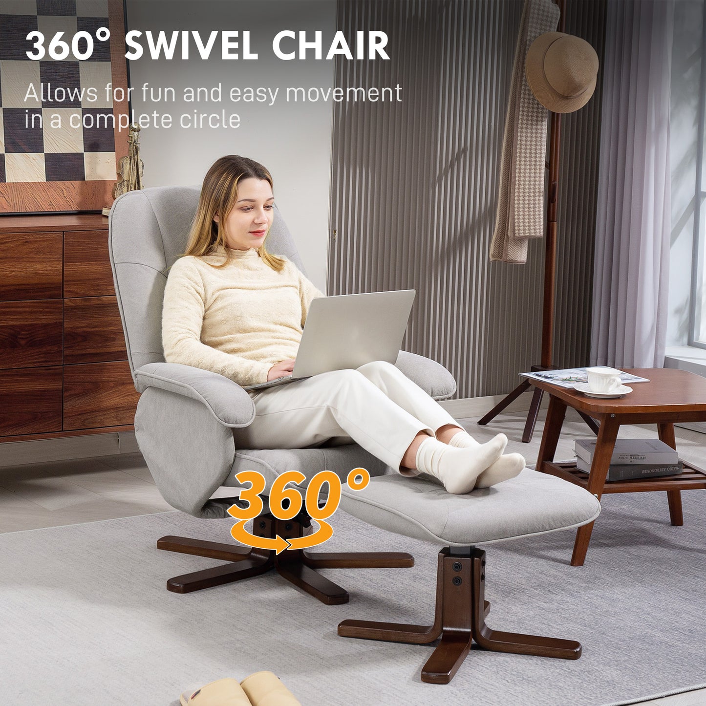HOMCOM Linen Swivel Recliner Chair with Footstool, Upholstered Reclining Armchair with Wooden Base for Living Room, Light Grey--ChewyGames-ChewyGames
