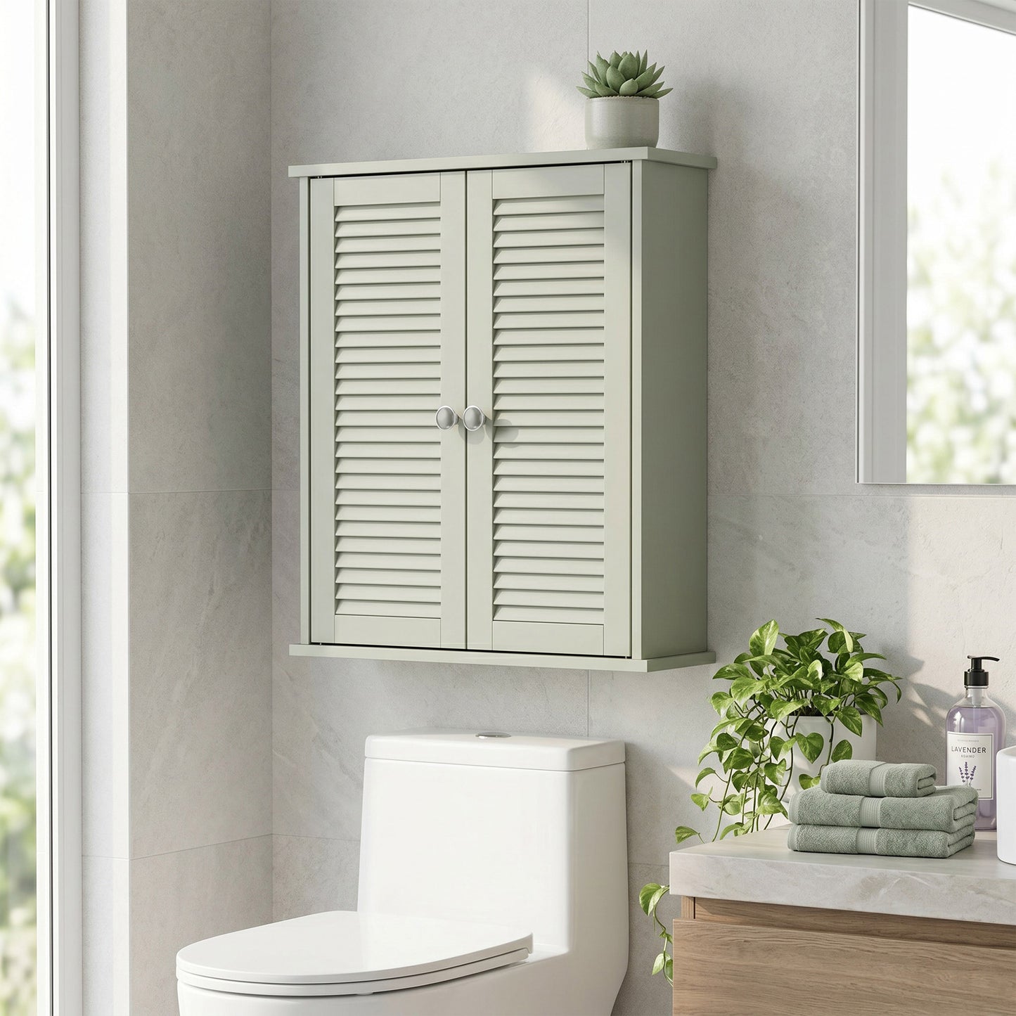 HOMCOM Bathroom Cabinet, Bathroom Wall Cabinet with Louvered Doors and Adjustable Shelf Storage for Kitchen, Light Green