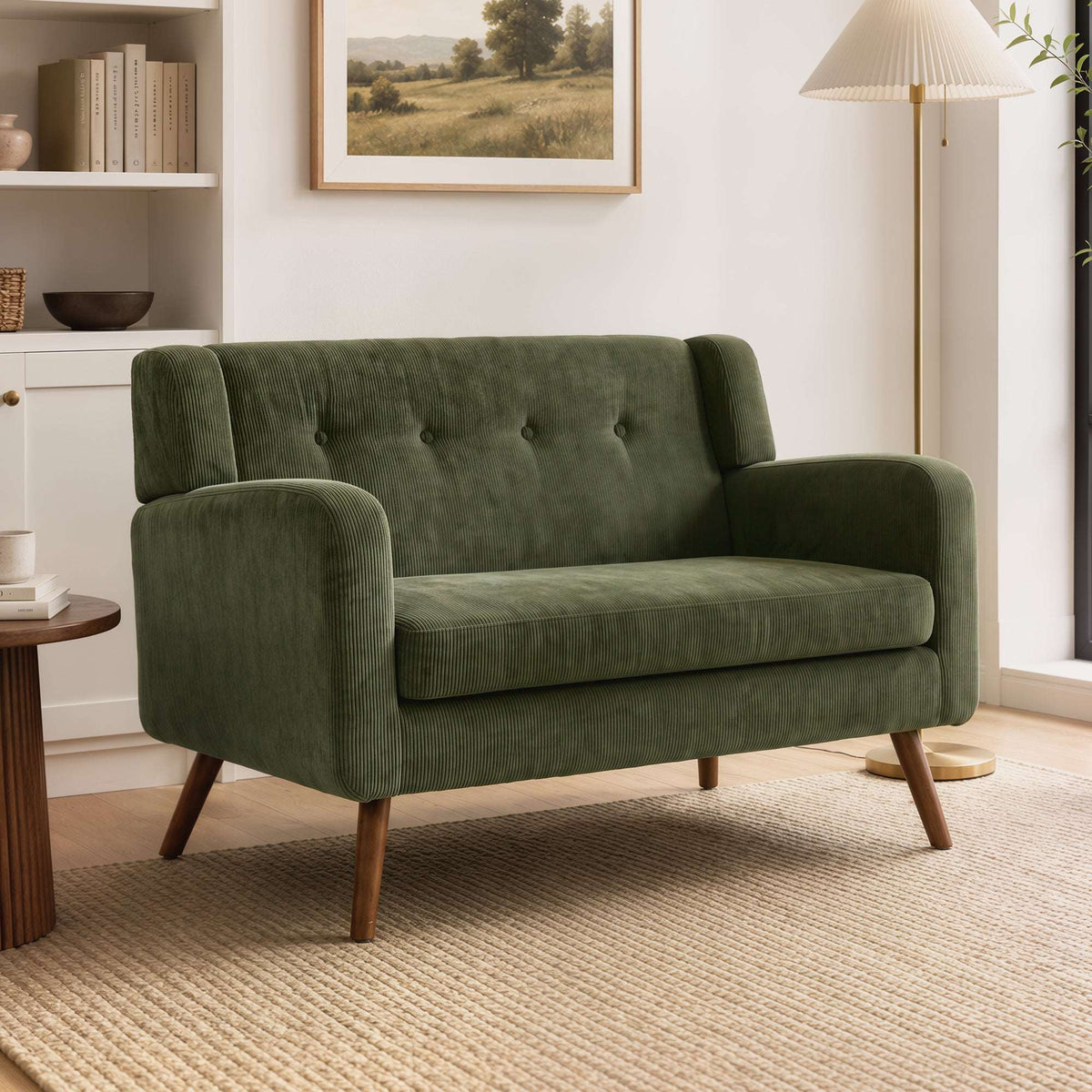 HOMCOM 2 Seater Sofa, 118 cm Corduroy Small Loveseat with Spring Cushion, Wood Legs for Small Space, Living Room, Dark Green