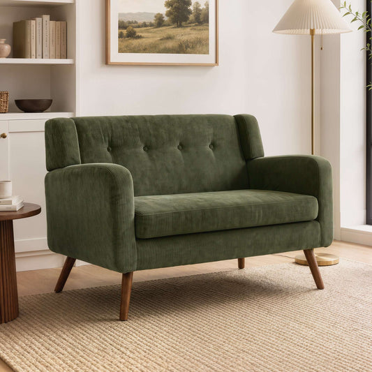 HOMCOM 2 Seater Sofa, 118 cm Corduroy Small Loveseat with Spring Cushion, Wood Legs for Small Space, Living Room, Dark Green