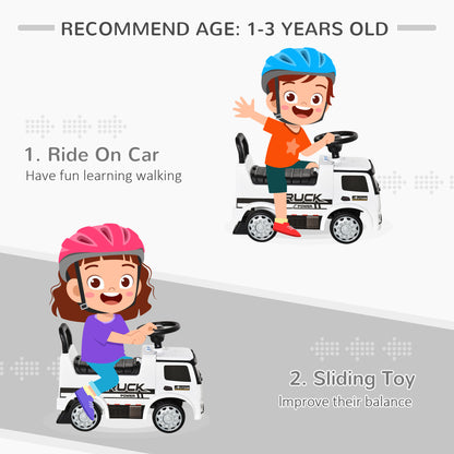 HOMCOM 3-in-1 Ride On Car Foot To Floor Slider Toddler w/ Horn Steering Wheel NO POWER Manual Under Seat Storage Secure Design for 1-3 Year Old White