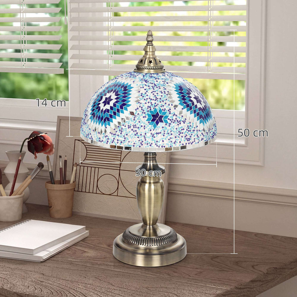 HOMCOM Tiffany Lamp, Stained Glass Bedside Table Lamp with Button Switch and Metal Base, 12 x 12 x 20 Inches, Blue