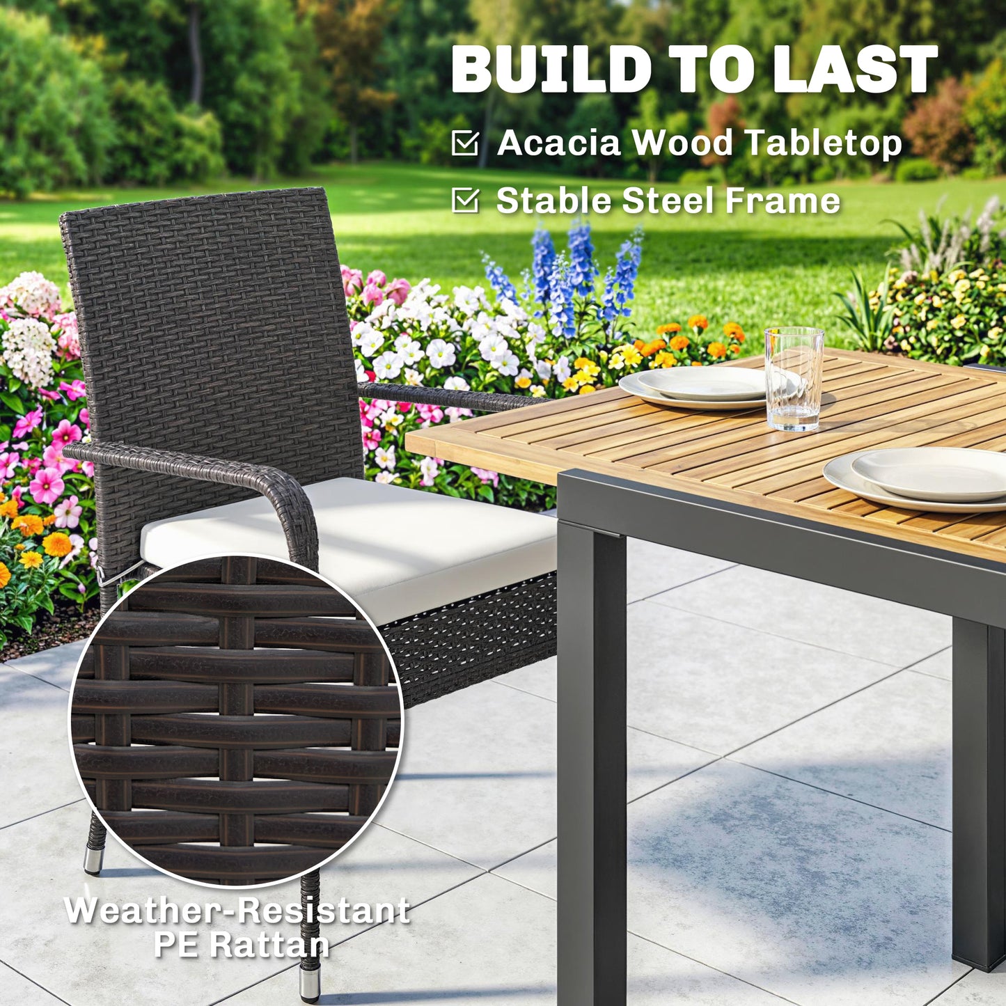 Outsunny 7 Piece Rattan Garden Furniture Set, 6 Seater Garden Table and 6 Stackable Chairs with Extendable Acacia Wood Tabletop