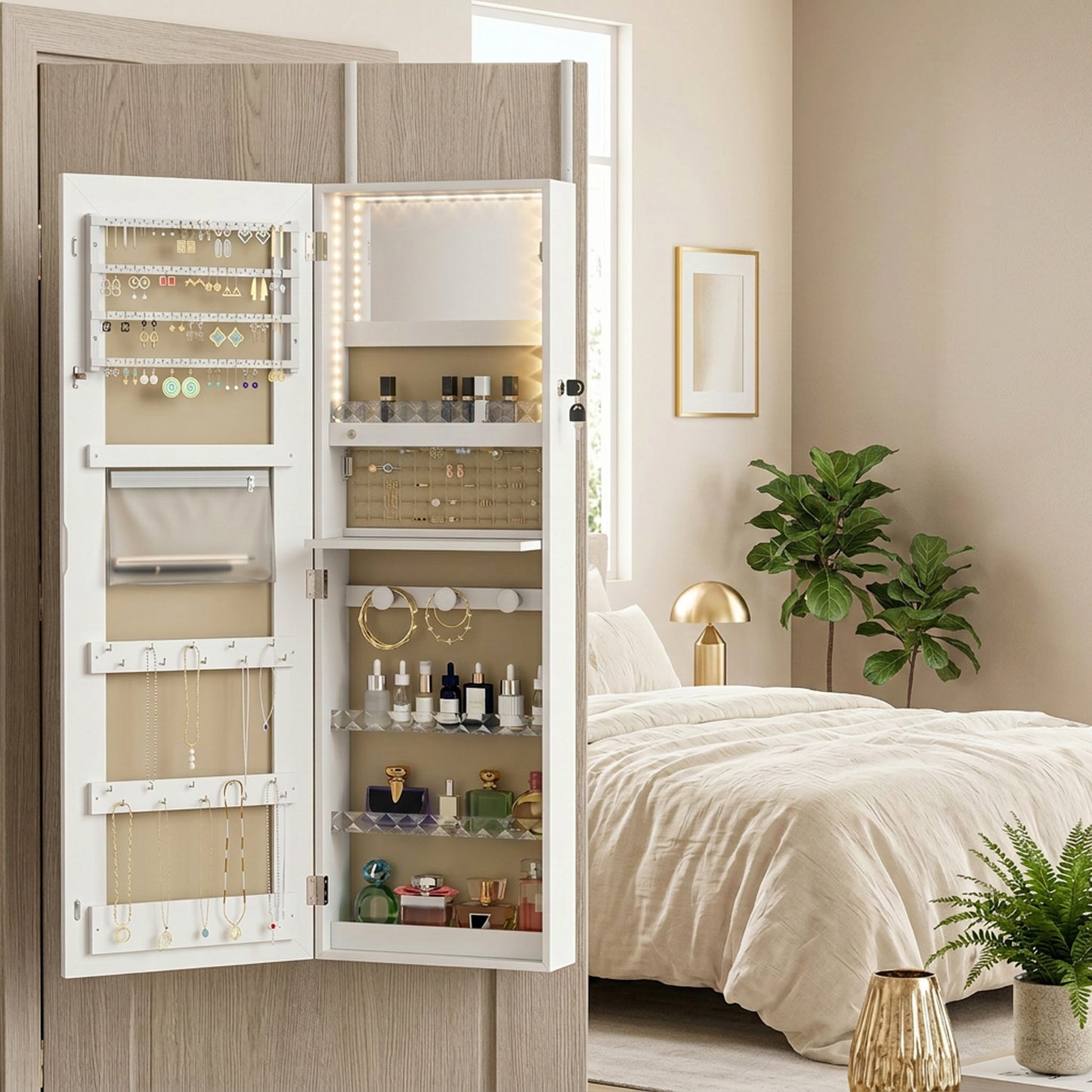 HOMCOM LED Mirror Jewellery Cabinet, Wall Mounted Full Length Mirror with Storage, Lockable Jewellery Organiser, White