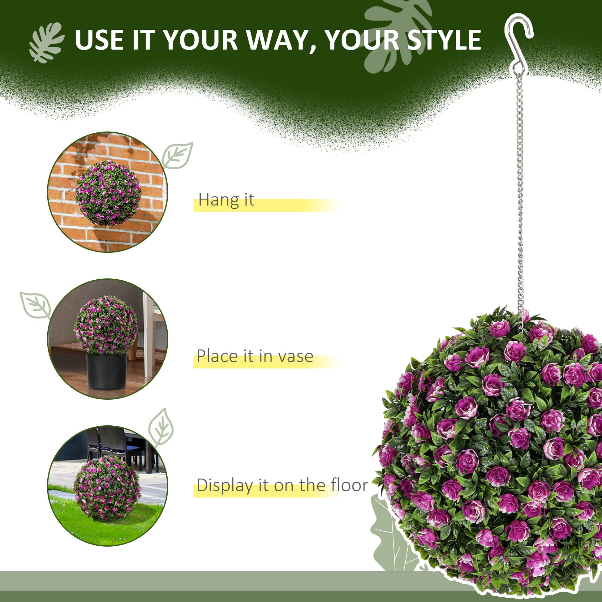 HOMCOM Set of 2 Decorative Artificial Plants, UV-protected Artificial Plant Topiary Rose Balls, Fake Plants for Home Indoor outdoor Decor, 28cm, Purple--ChewyGames-ChewyGames