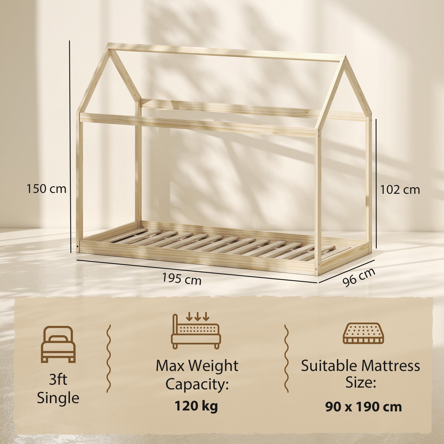 HOMCOM Single Bed Frame, House Scandinavian Wooden Bed Frame for 90W x 190Dcm Mattress, Pine Wood Bed Base, Natural Wood Finish