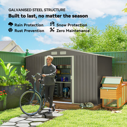 Outsunny 9 x 6FT Outdoor Garden Roofed Metal Storage Shed Tool Box with Foundation Ventilation & Doors Light, Grey