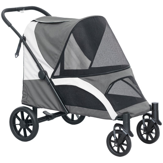 PawHut Foldable Pet Stroller for Medium Dogs with 4 Big Wheels, Shock-Absorbing Frame, Safety Leashes, Brakes, Dark Grey