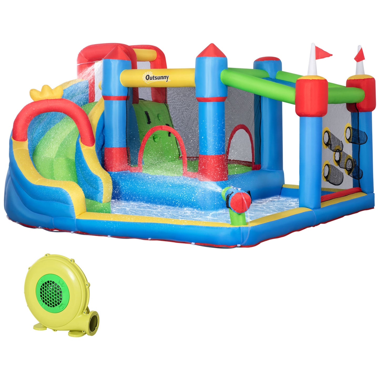 Outsunny 6 in 1 Kids Bouncy Castle, with Water Slide, Water Gun, Climbing Wall, Air Blower for Indoors/Outdoors, 3.9 x 3 x 2m