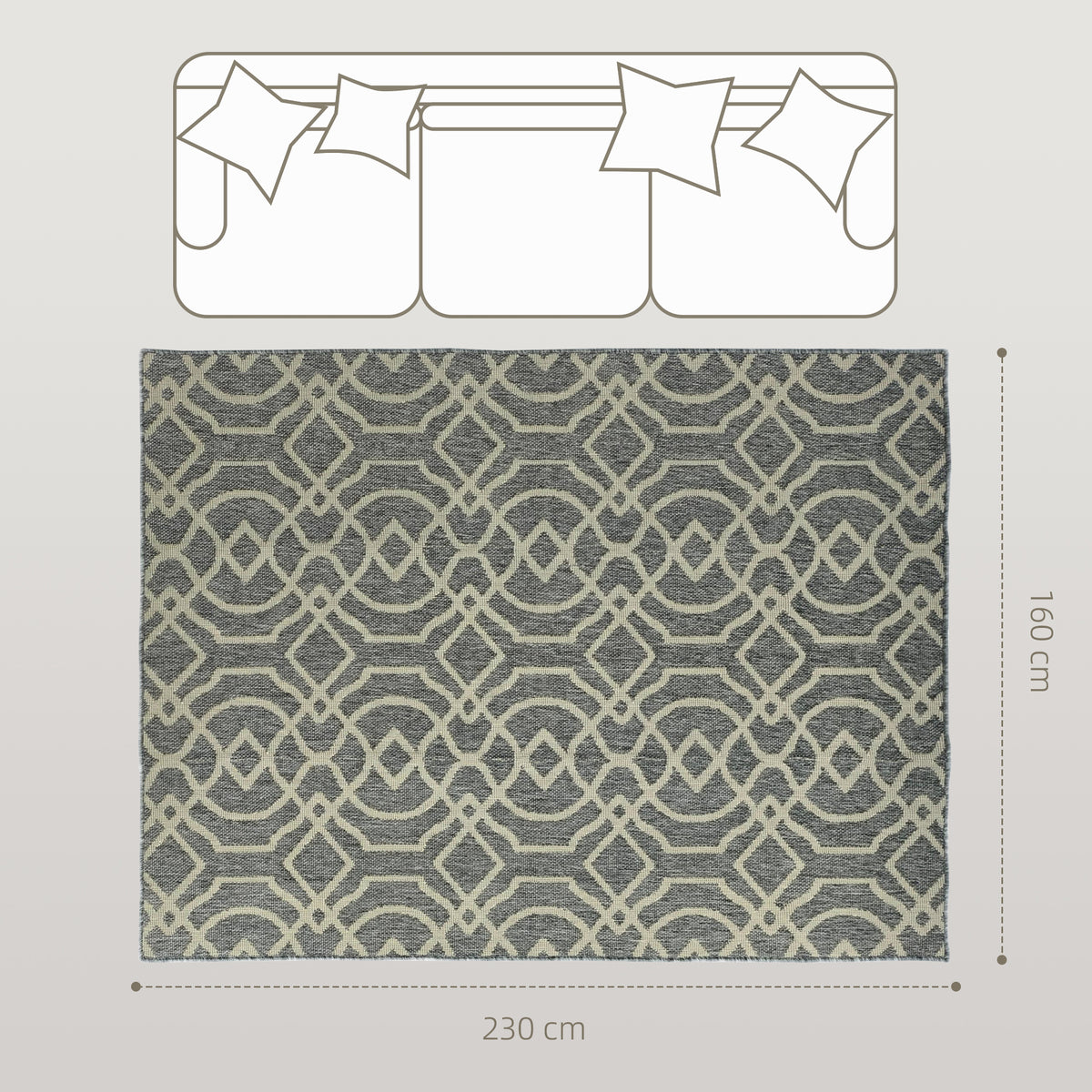 HOMCOM UV Resistant Indoor & Outdoor Area Rug, Easy-Cleaning Machine Washable Rug with Geometric Pattern for Patio, Garden, Kitchen, Bathroom or Living Room, 230 x 160 cm, Grey